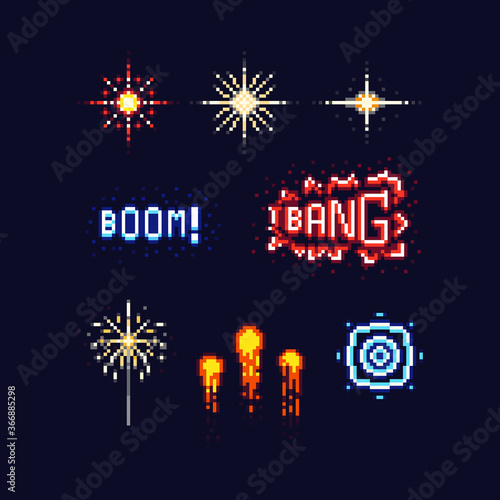 Pixel art firework icon design set.