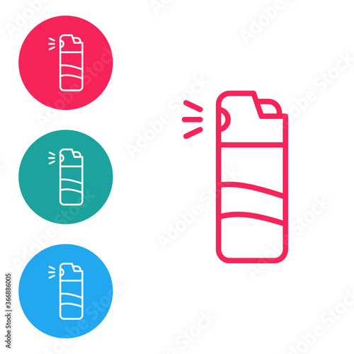 Red line Pepper spray icon isolated on white background. OC gas. Capsicum self defense aerosol. Set icons in circle buttons. Vector.