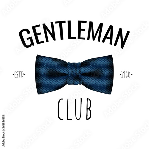Gentlemen club logotype. Blue fabric Necktie mockup and black text on white background. Gentleman suit element. Silk, satin bowtie logo, icon for man only club. Vector illustration.