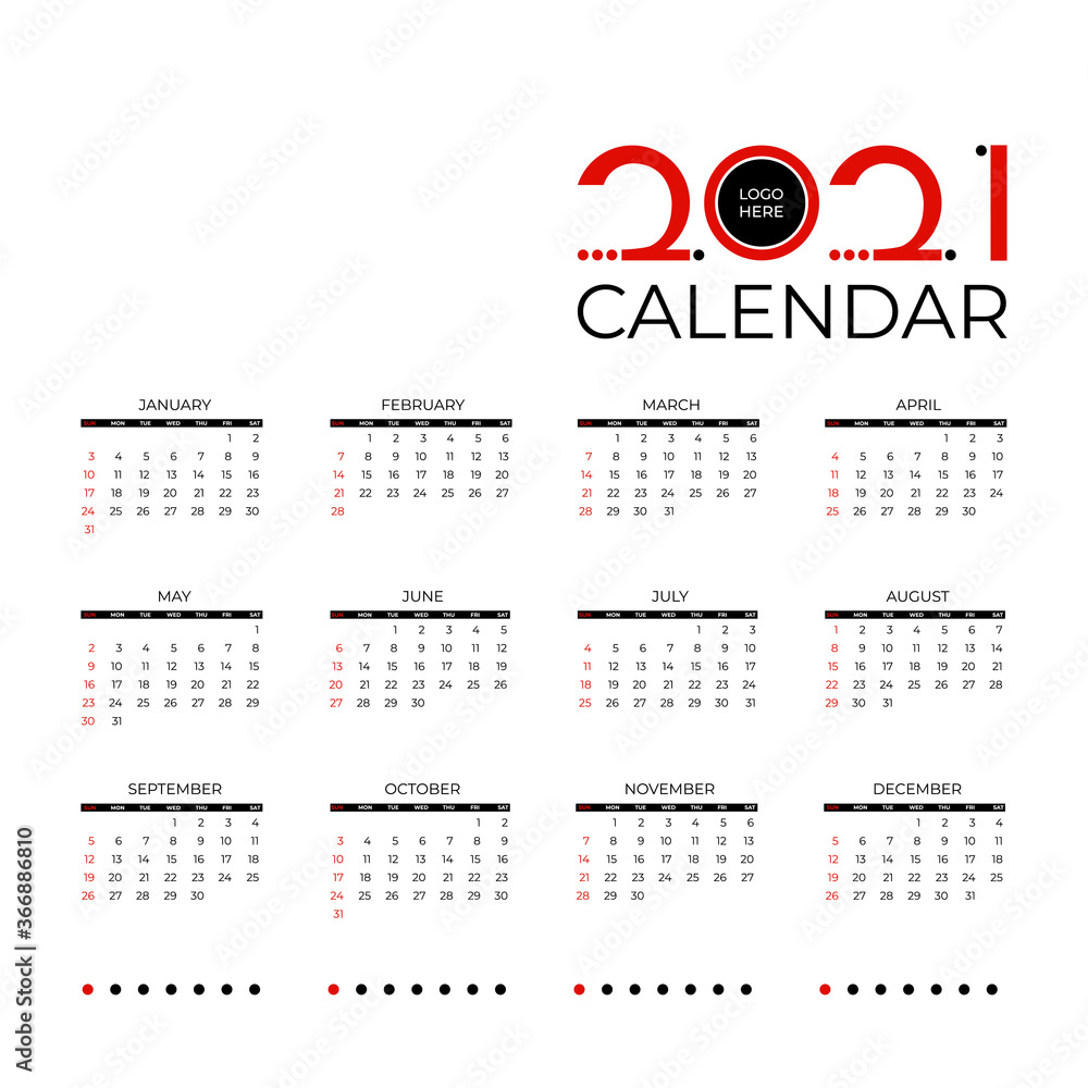 2021 new year calendar page. Diary desktop with abstract number 2021. Week Start Sunday. Business day and month planner template on white background. Vector mock up illustration