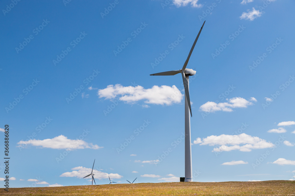 wind turbine, or wind energy converter, converts the wind's kinetic energy into electrical energy in Huanghuagou Huitengxile near Hohhot, Inner Mongolia, China, with horse, clouds and blue sky wind turbine, or wind energy converter, converts the wind's kinetic energy into electrical energy in Huanghuagou Huitengxile near Hohhot, Inner Mongolia, China, with horse, clouds and blue sky