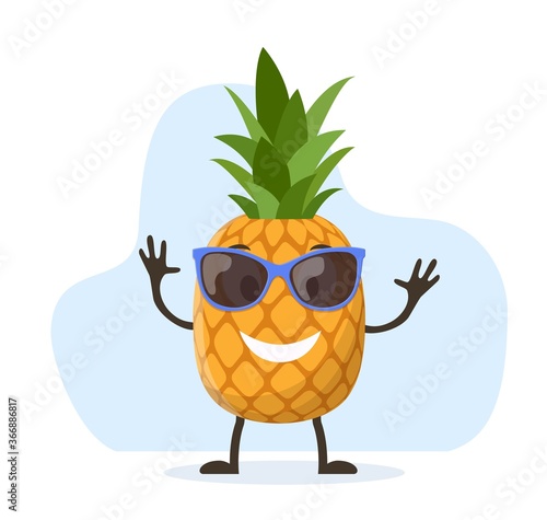 Cute and funny pineapple character with sunglasses. Colorful summer design. Vector illustration in flat style