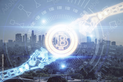 Double exposure of crypto currency theme hologram drawing and city veiw background. Concept of blockchain and bitcoin.