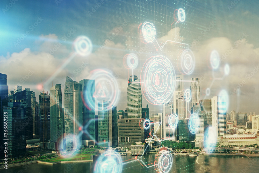 Obraz premium Data theme hologram drawing on city view with skyscrapers background multi exposure. Bigdata concept.