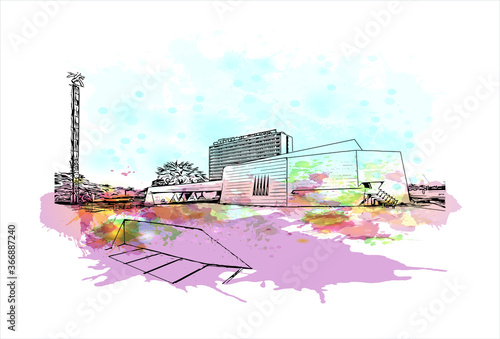 Building view with landmark of Abidjan is a city on the southern Atlantic coast of Cote d'Ivoire, in West Africa. Watercolor splash with hand drawn sketch illustration in vector.