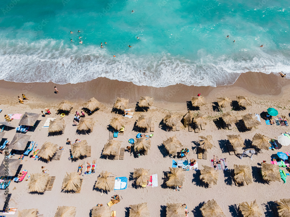 Aerial Beach, People And Umbrellas On Beach Photography, Blue Ocean Landscape, Sea Waves