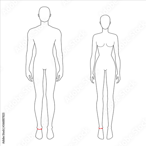 Women and men to do ankle measurement fashion Illustration for size chart. 7.5 head size girl and boy for site or online shop. Human body infographic template for clothes. 