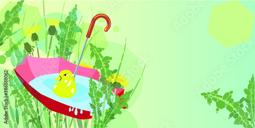 Red umbrella with rain water, duck toy and dandelions composition with copy space