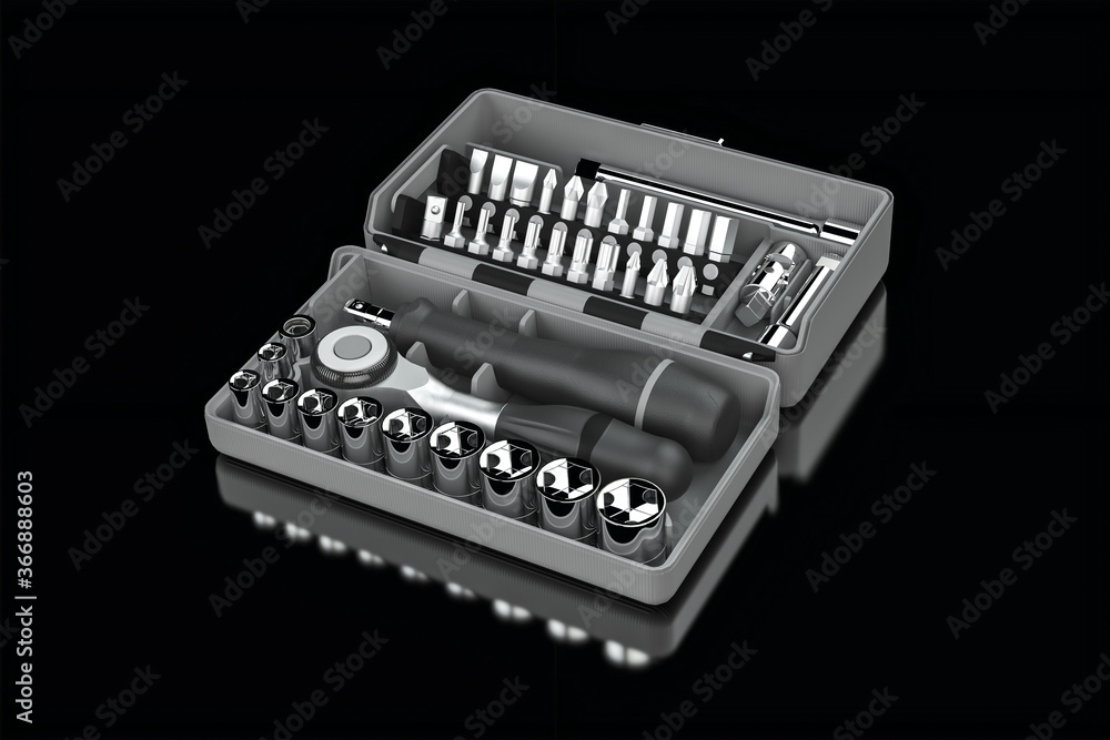 3d illustration. Metal tool set isolated on black background. Car repair tools. 3d illustration. Metal tool set isolated on black background. Car repair tools.