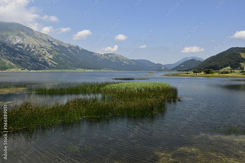 Fototapeta premium Panoramic view of Lake Matese, in the mountains of the province of Caserta, Italy.