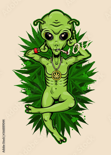 Alien with Jamb Chilling on the Cannabis Field. Alien Smoking Weed Poster. Vector Illustration.