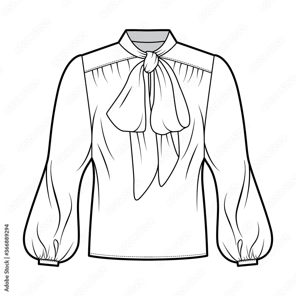Pussy-bow blouse technical fashion illustration with oversized body ...