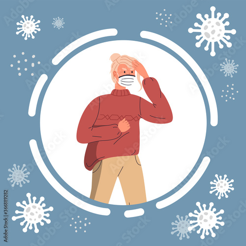 Woman in protective medical face mask. Caring for health at flu epidemic time. Concept of coronavirus quarantine. Young woman wearing white mask at background of flying virus particles in circle frame