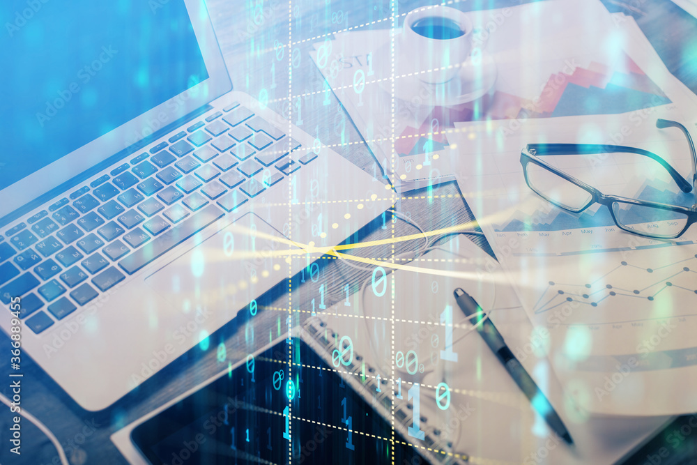 Double exposure of table with computer on background and data theme drawing. Concept of innovation. Double exposure of table with computer on background and data theme drawing. Concept of innovation.