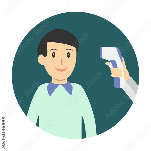 Icon of hand holding Infrared Thermometer measuring temperature at man's forehead vector