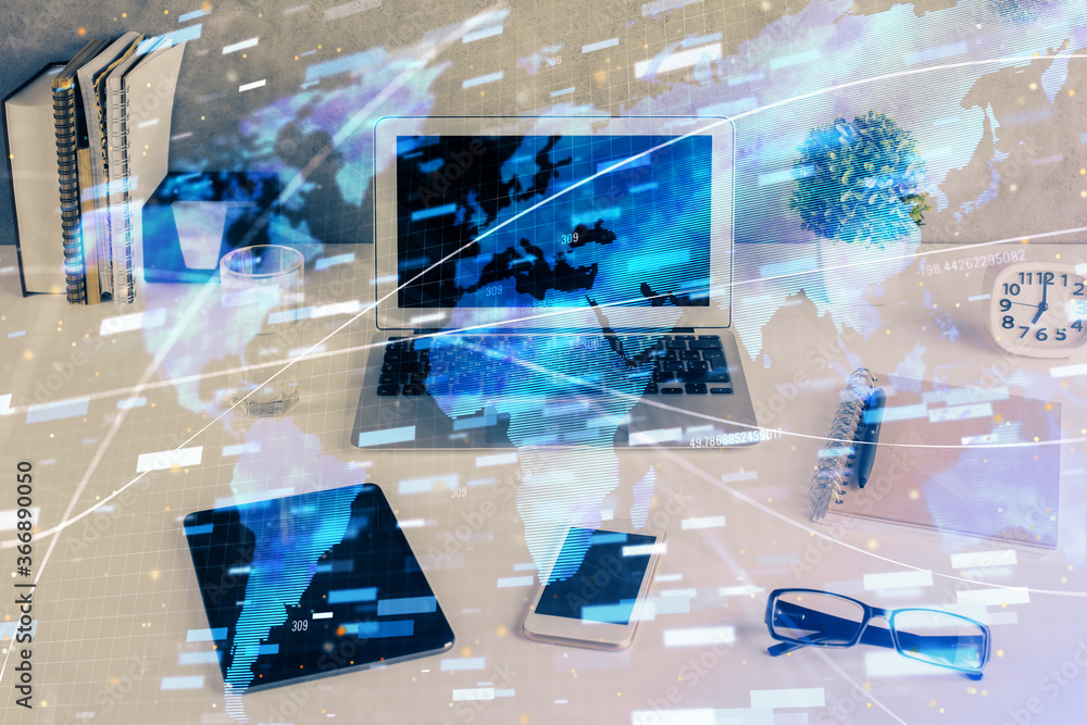 Multi exposure of table with computer on background and data theme drawing. Concept of innovation. Multi exposure of table with computer on background and data theme drawing. Concept of innovation.
