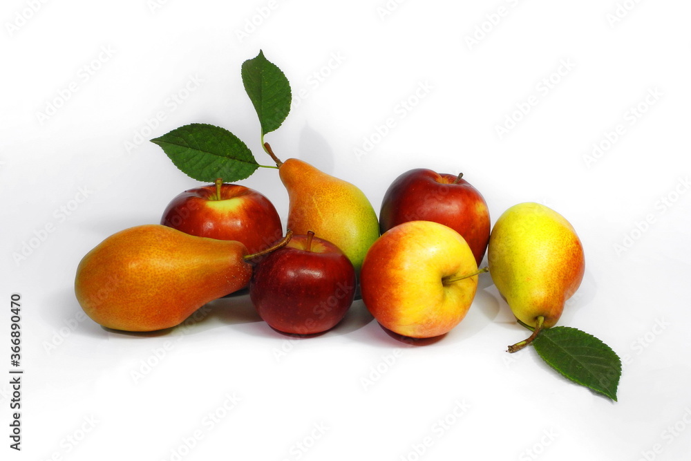 Ripe pears and apples on white isolated background Ripe pears and apples on white isolated background