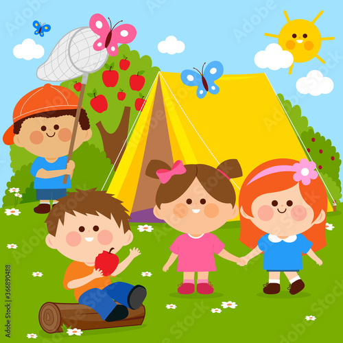 Happy children playing in a forest camping site. Vector illustration