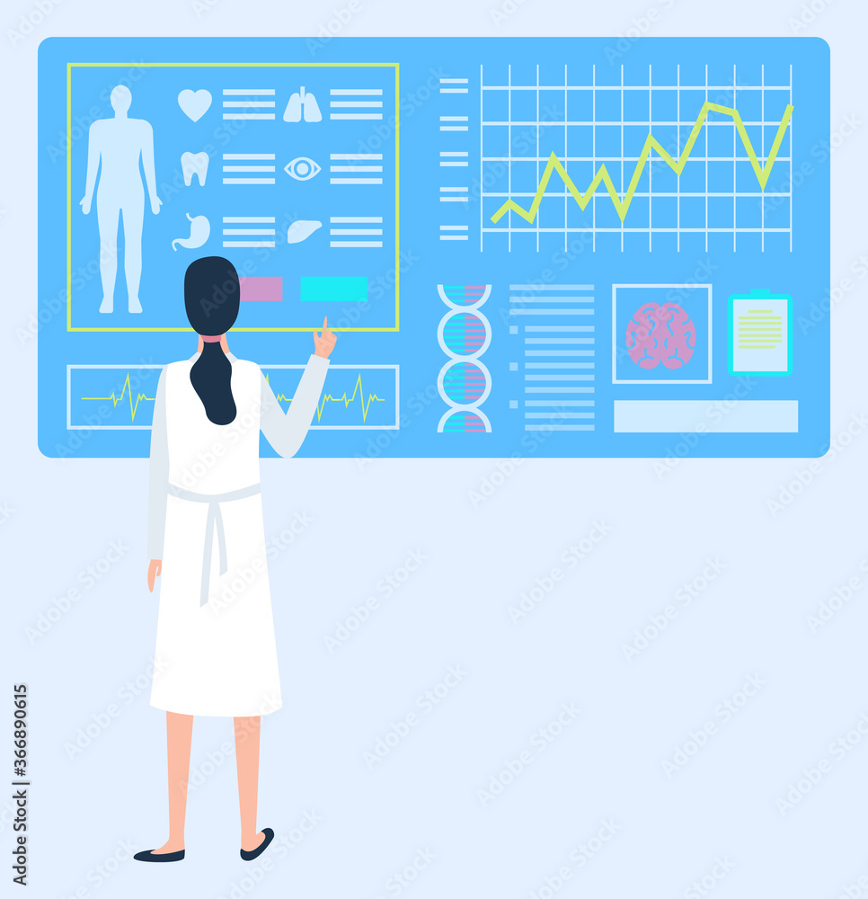 Medical care for patients vector, woman with screen scanning body of person. Monitor showing organs and dna structure, blood pressure and rate flat style Medical care for patients vector, woman with screen scanning body of person. Monitor showing organs and dna structure, blood pressure and rate flat style