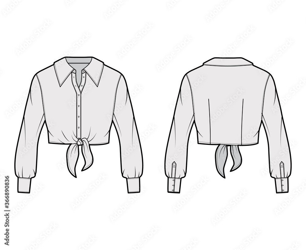 Cropped tie-front shirt technical fashion illustration with oversized  collar and long sleeves. Flat apparel blouse template front back, grey  color. Women, men and unisex top CAD mockup Stock Vector