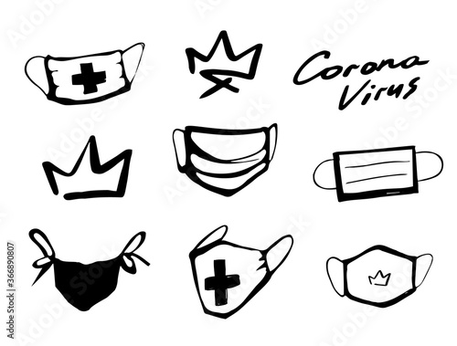 Coronovirus doodle logo set. Crown, medical mask, cross. Corona virus vector illustrations in sketch graffiti style. Wuhan home quarantine symbols on white background