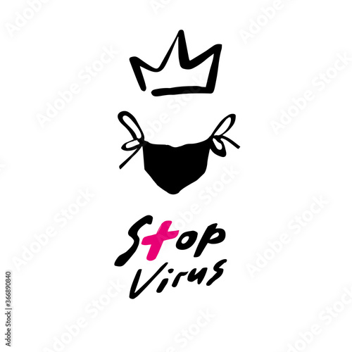 Stop corona virus sign, medical mask and crown. Coronovirus doodle logo set. Corona virus vector illustrations in sketch graffiti style. Wuhan home quarantine symbols on white background