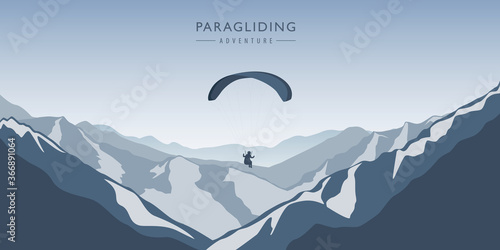 paragliding adventure in blue snowy mountains winter landscape vector illustration EPS10