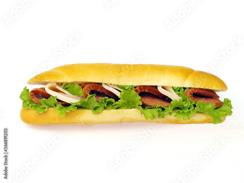 Long sandwich with pepperoni, cheese and herbs. Side view. Isolate on white. © Ganna