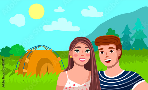 Tourist couple hiking activity. Man and woman camping, picnic with modern tent, outdoor recreation in the green forest. Trekking in nature, summer vacation. Camping concept with wildlife outdoors