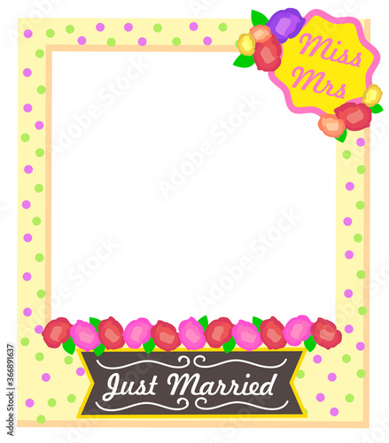 Miss and Mrs, just married cute colorful photo frame template with polka dot pattern and flowers. Festive decoration element. Wedding photozone accessories design concept vector illustration