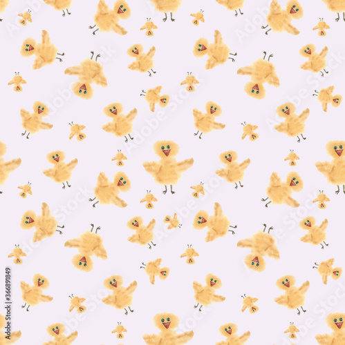 Seamless pattern with chickens. Design done in watercolor. Suitable as a pattern on fabric, on children's clothes, on postcards, as a drawing for a wrapper.