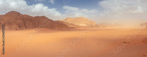 Wadi Rum protected area in Jordan, panorama landscape of the desert and rock formation