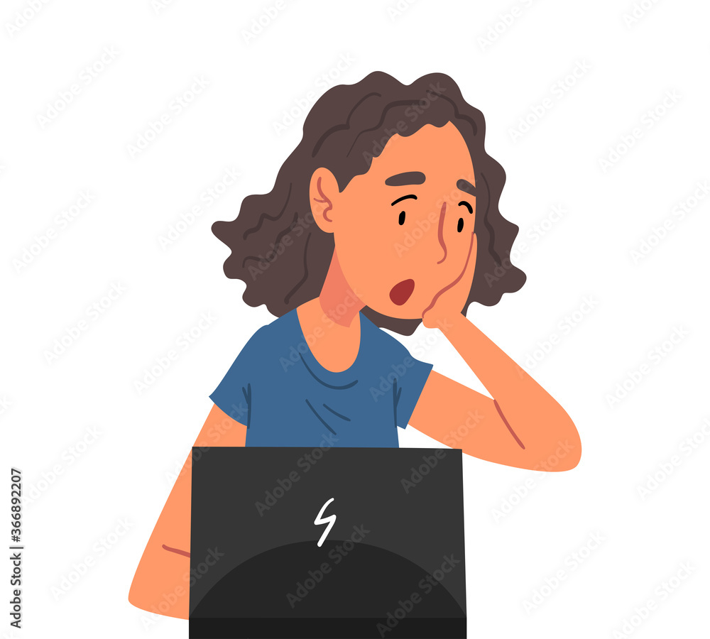 Stressed Female Office Manager Sitting in front of Computer, Surprised Woman Working with Laptop Vector Illustration on White Background Stressed Female Office Manager Sitting in front of Computer, Surprised Woman Working with Laptop Vector Illustration on White Background