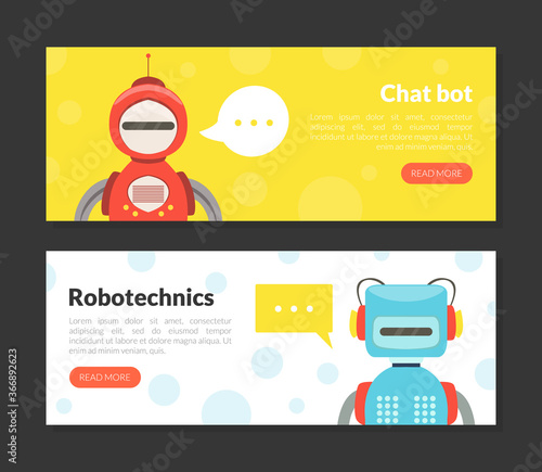 Chat Bot, Robotechnics Landing Page Templates Set, Cute Friendly Android Robots, Artificial Intelligence, Robotic Technology, Automation Concept Web Banner, Website, Homepage Vector Illustration
