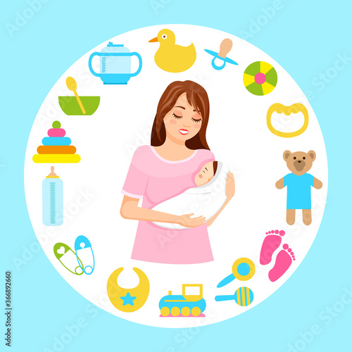 Mother holds newborn baby in her arms, surrounded by items of children's toys, dishes. Baby supplies for newborns. Motherhood and infancy. Caring for a baby. Useful products when breastfeeding a child