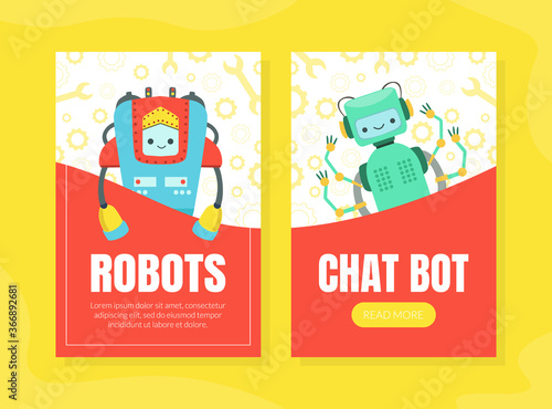 Chat Bot, Robots Landing Page Templates Set, Artificial Intelligence, Robotic Technology, Automation Concept Web Banner, Website, Homepage Vector Illustration