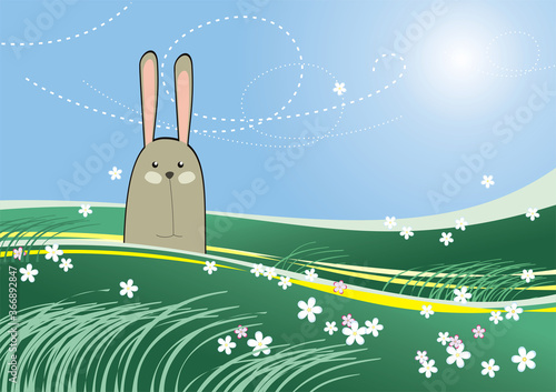  Grey hare hiding in grass on windy spring meadow.Iillustration, cartoon character.