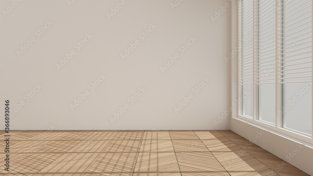 Empty room interior design, open space with big panoramic window, herringbone parquet wooden floor, white walls, venetian blinds, modern architecture idea Empty room interior design, open space with big panoramic window, herringbone parquet wooden floor, white walls, venetian blinds, modern architecture idea