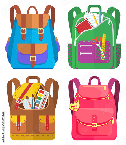 Colored school backpack. Education and study back to school, schoolbag luggage, rucksack vector illustration. Kids school bag with education equipment. Backpacks with study supplies. Student satchels
