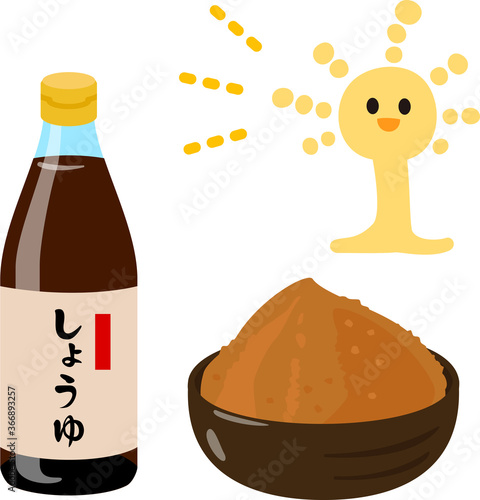 麹菌のキャラクターと醤油、味噌