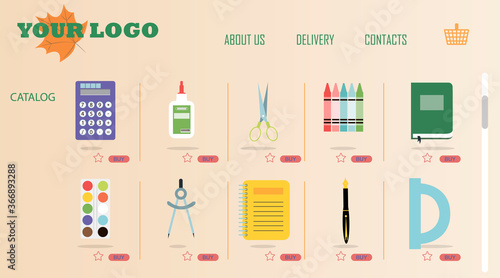 Online store selling school supplies with home delivery. Vector illustration of a website on a laptop screen selling products over the Internet. Ads for mobile apps that sell pens, pencils, notebooks