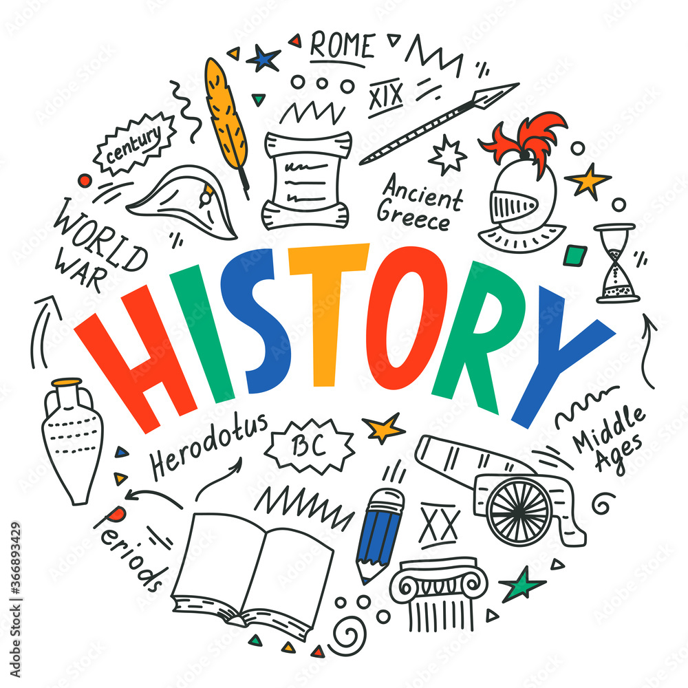 History. Hand drawn historical doodle with lettering.