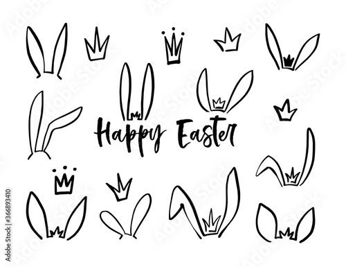 Hand drawn icon with black easter bunny ears crown. Vector doodle illustration. Outline kids graphic. Bunny ears mask. Hare easter isolated elements on white background.
