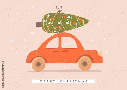Merry Christmas and new year card with a car and a tree on the roof. A red car is taking the Christmas tree home to decorate. Christmas toys, garlands, balls, candy. Stylish illustration. Vector.