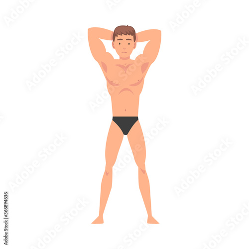 Half-Undressed Man Standing with his Hands Behind the Head and Making Roentgen Vector Illustration