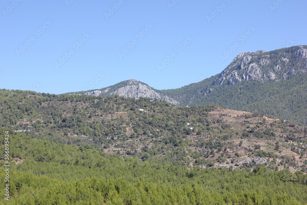 Alanya, TURKEY - August 10, 2013: Travel to Turkey. Helene Hills. Mountains in the background in the distance. Rocks, wildlife of Turkey. Forest and clear blue sky. Mediterranean Sea.