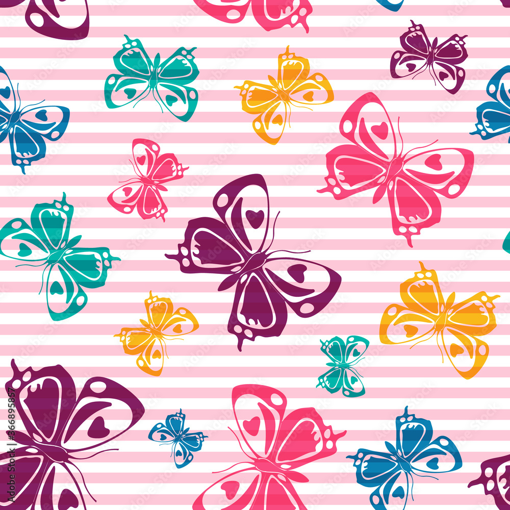 Flying butterfly silhouettes over striped background vector seamless pattern. Flying butterfly silhouettes over striped background vector seamless pattern.