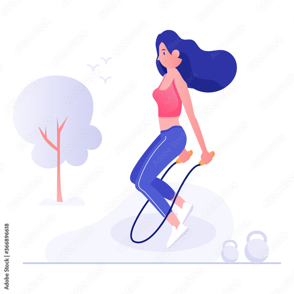 Female jumping over rope, flat illustration of skipping rope
Female jumping over rope, flat illustration of skipping rope
