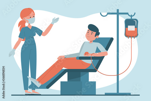 Male blood donor sitting in hospital laboratory vector isolated. Safe life, give blood. Charity concept. Happy volunteer and doctor