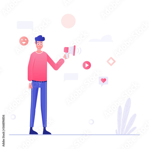 
Male avatar holding megaphone, flat illustration design of public relations 
